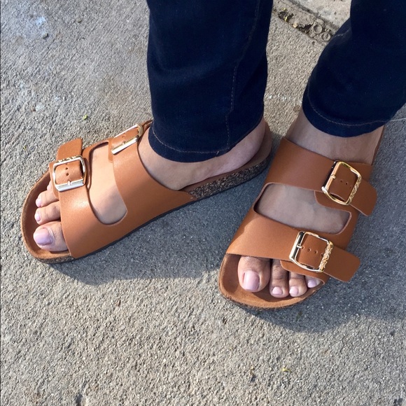 LAST 1❤️ TAN DOUBLE STRAP CORK SLIDE SANDALS - Picture 4 of 8